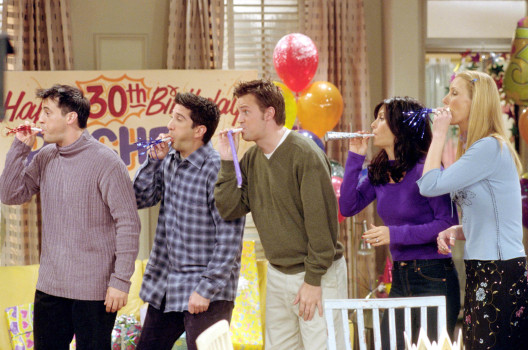 385848 28: Cast members of NBC's comedy series "Friends." Pictured (l to r): Matt LeBlanc as Joey Tribbiani, David Schwimmer as Ross Geller, Matthew Perry as Chandler Bing, Courteney Cox as Monica Geller and Lisa Kudrow as Phoebe Buffay. Episode: "The One Where They All Turn Thirty." (Photo by Warner Bros. Television)