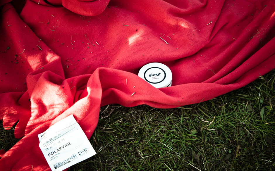 Typisch skandinavisches Festivalduo: Ikea Decke und Snus.