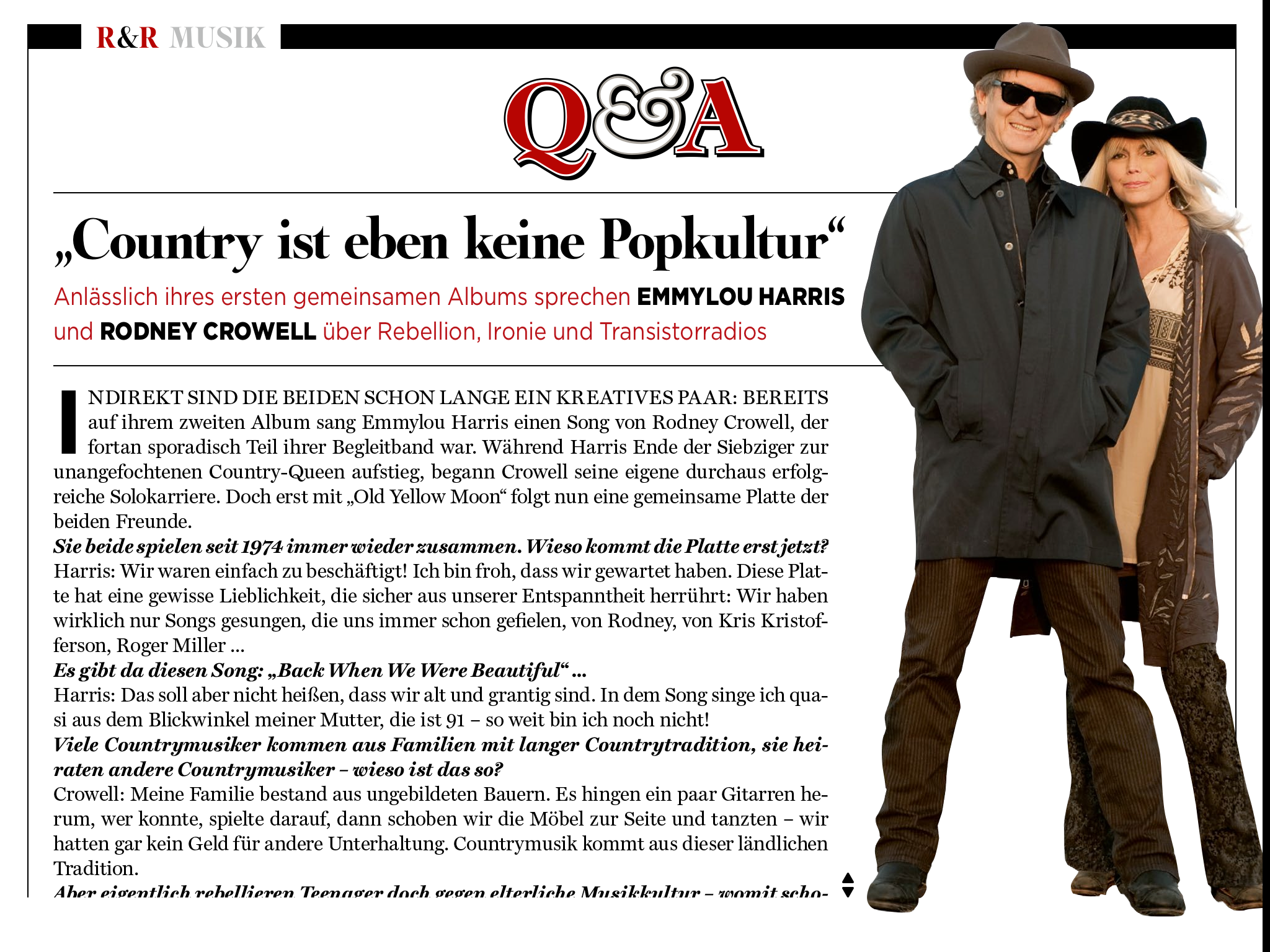 Die alten Freunde Emmylou Harris und Rodney Crowell haben ein erstes gemeinsames Album aufgenommen. Im Interview verraten ...