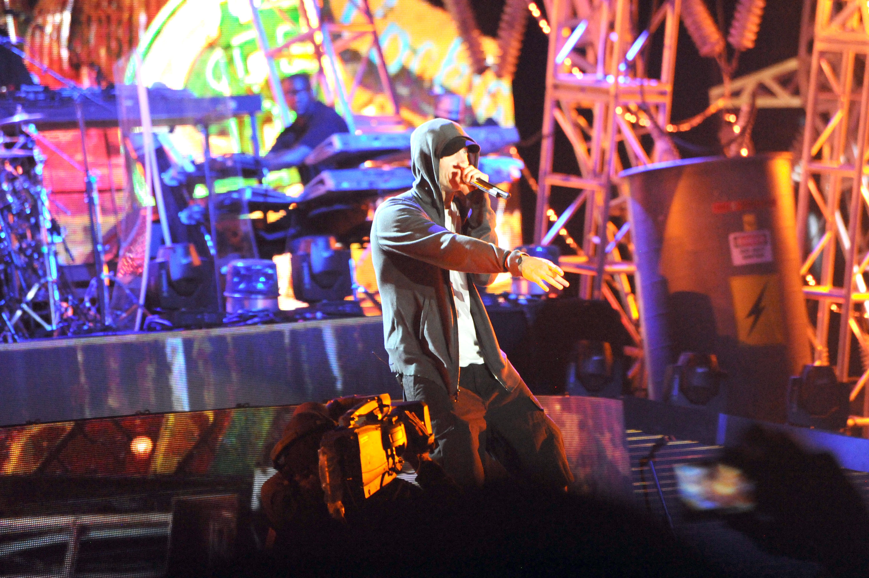 INDIO, CA - APRIL 22: Eminem performs at day 3 of the 2012 Coachella Valley Music & Arts Festival at The Empire Polo Club ...