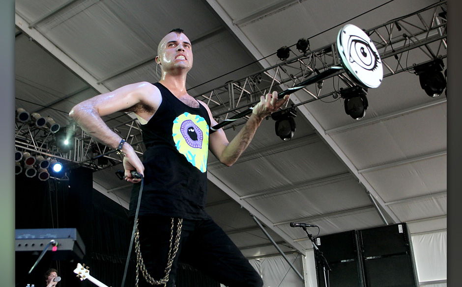 Vocalist Tyler Glenn of Neon Trees performs during the 2011 Bonnaroo Music and Arts Festival on June 12, 2011 in Mancheste...