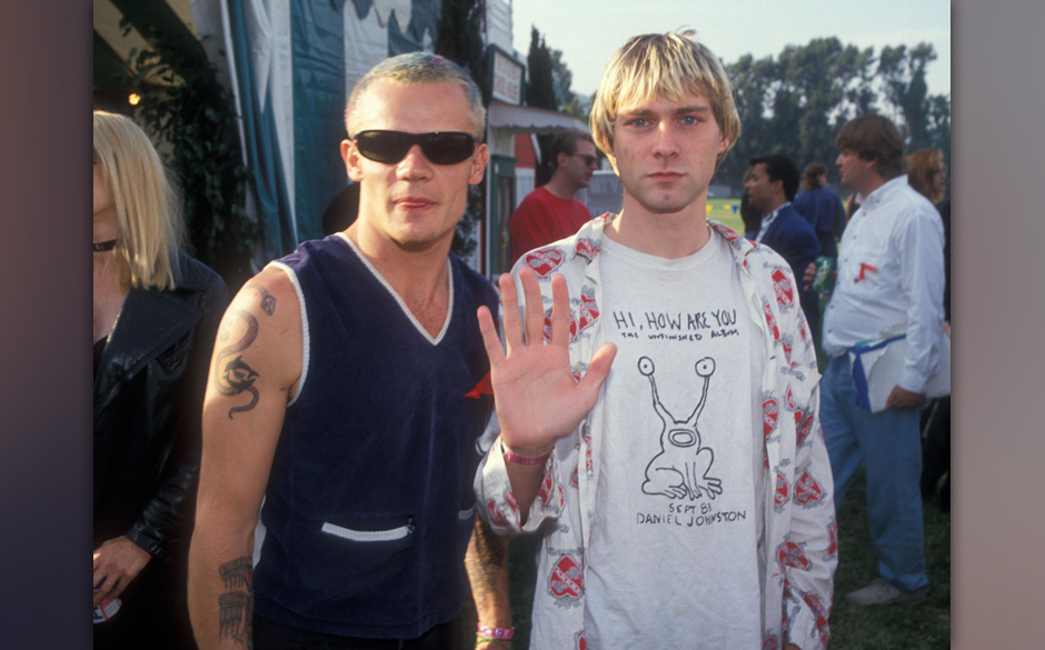 Flea of Red Hot Chili Peppers and Kurt Cobain of Nirvana (Photo by Ke.Mazur/WireImage)