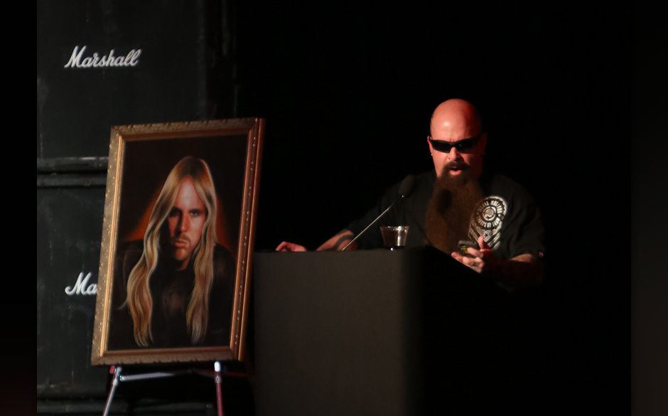 HOLLYWOOD, CA - MAY 23:  Guitarist Kerry King of the metal band Slayer speaks at the memorial celebration for Slayer Guita...