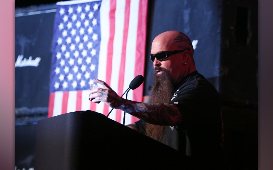 HOLLYWOOD, CA - MAY 23:  Guitarist Kerry King of the metal band Slayer speaks at the memorial celebration for Slayer Guita...