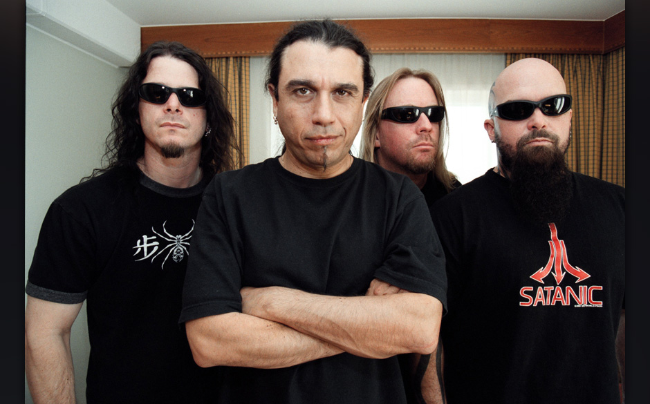"Slayer" (l-r) Paul Bostaph (Schlagzeug), Tom Araya (Gesang, Bass), Jeff Hanneman (Gitarre) und Kerry King (Gitarre)