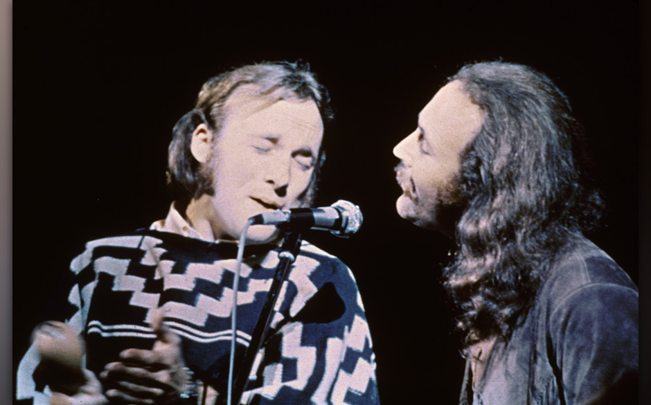 American musicians Stephen Stills (left) and David Crosby of the group Crosby, Stills, & Nash performs on stage at the Woo...