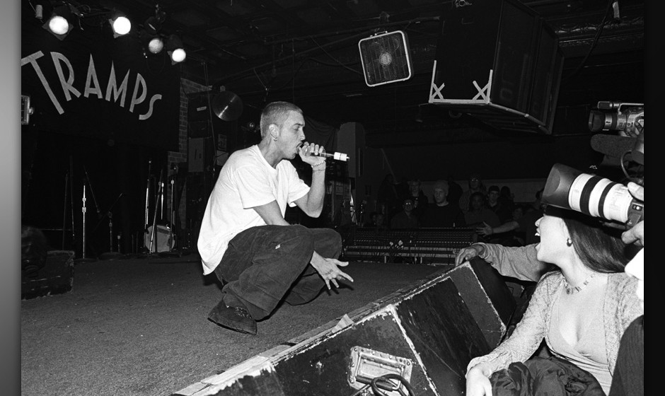 NEW YORK - MARCH 1999:  Rapper Eminem performs at Tramps in March 1999 in New York City, New York. (Photo by Catherine McGann
