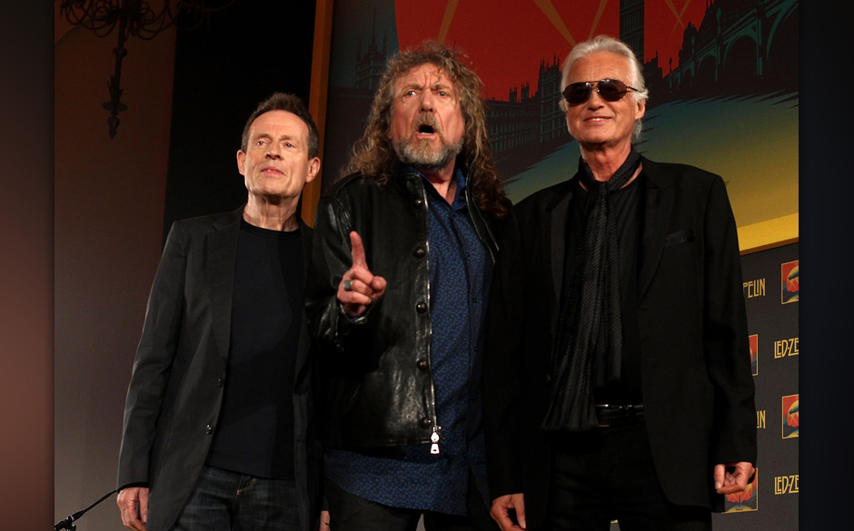 LONDON, ENGLAND - SEPTEMBER 21:  (L-R) John Paul Jones, Robert Plant and Jimmy Page of Led Zeppelin attend a press confere...