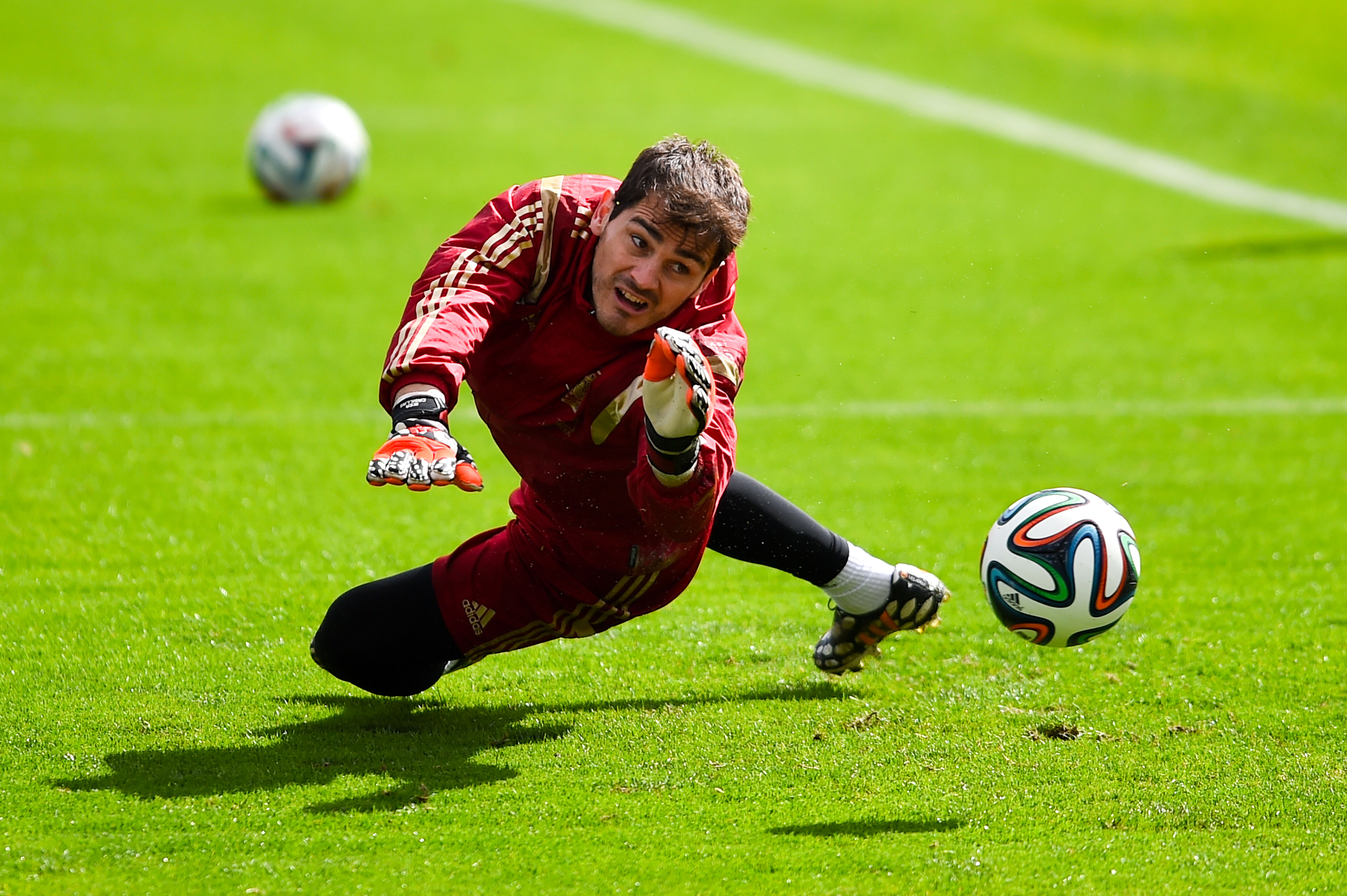 CURITIBA, BRAZIL - JUNE 21:  Iker Casillas of Spain in action during a Spain training session at Centro de Entrenamiento d...