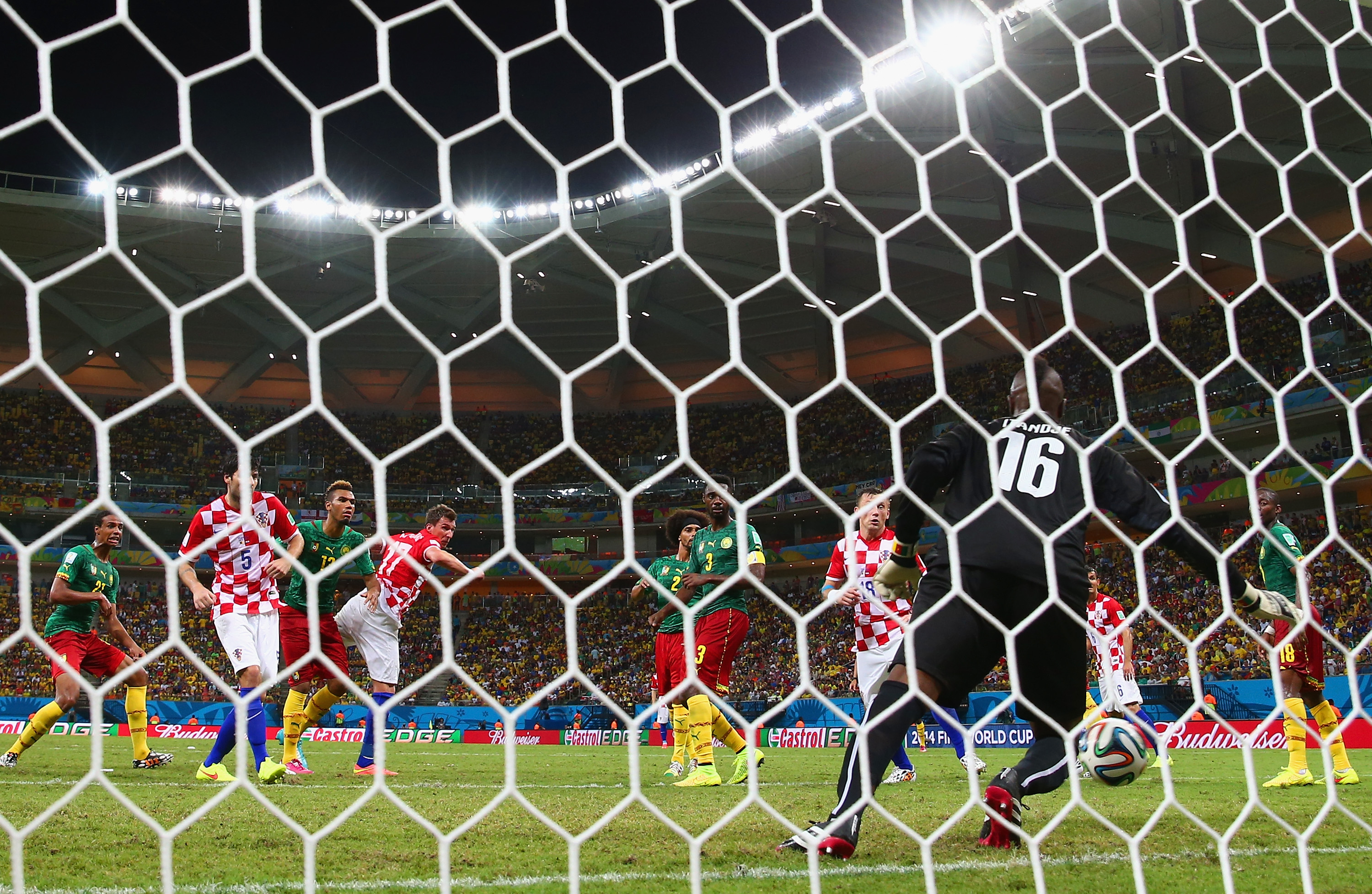 MANAUS, BRAZIL - JUNE 18: Mario Mandzukic of Croatia scores his team's third goal on a header past Charles Itandje of Came...