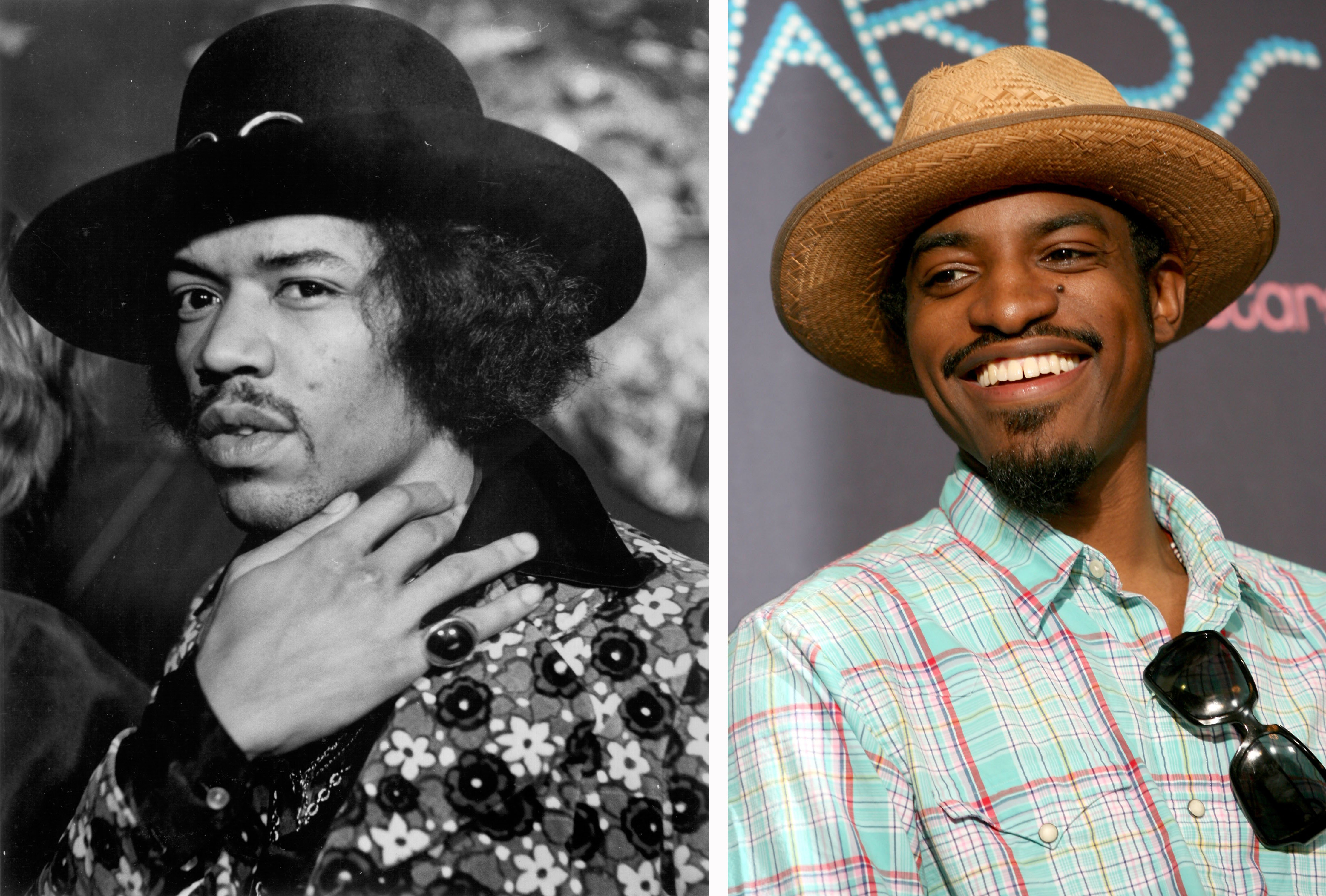 (FILE PHOTO) In this composite image a comparison has been made between Jimi Hendrix (L) and Hip-hop star Andre 3000. Andr...