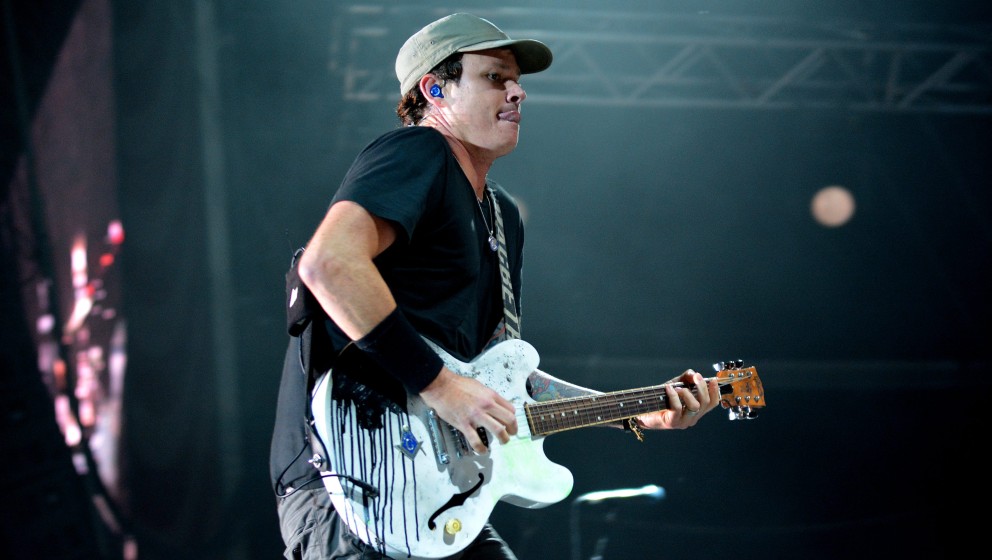 BUDAPEST, HUNGARY - AUGUST 11: Tom DeLonge of Blink 182 performs on stage during day -1 at Sziget Festival on August 11, 2014