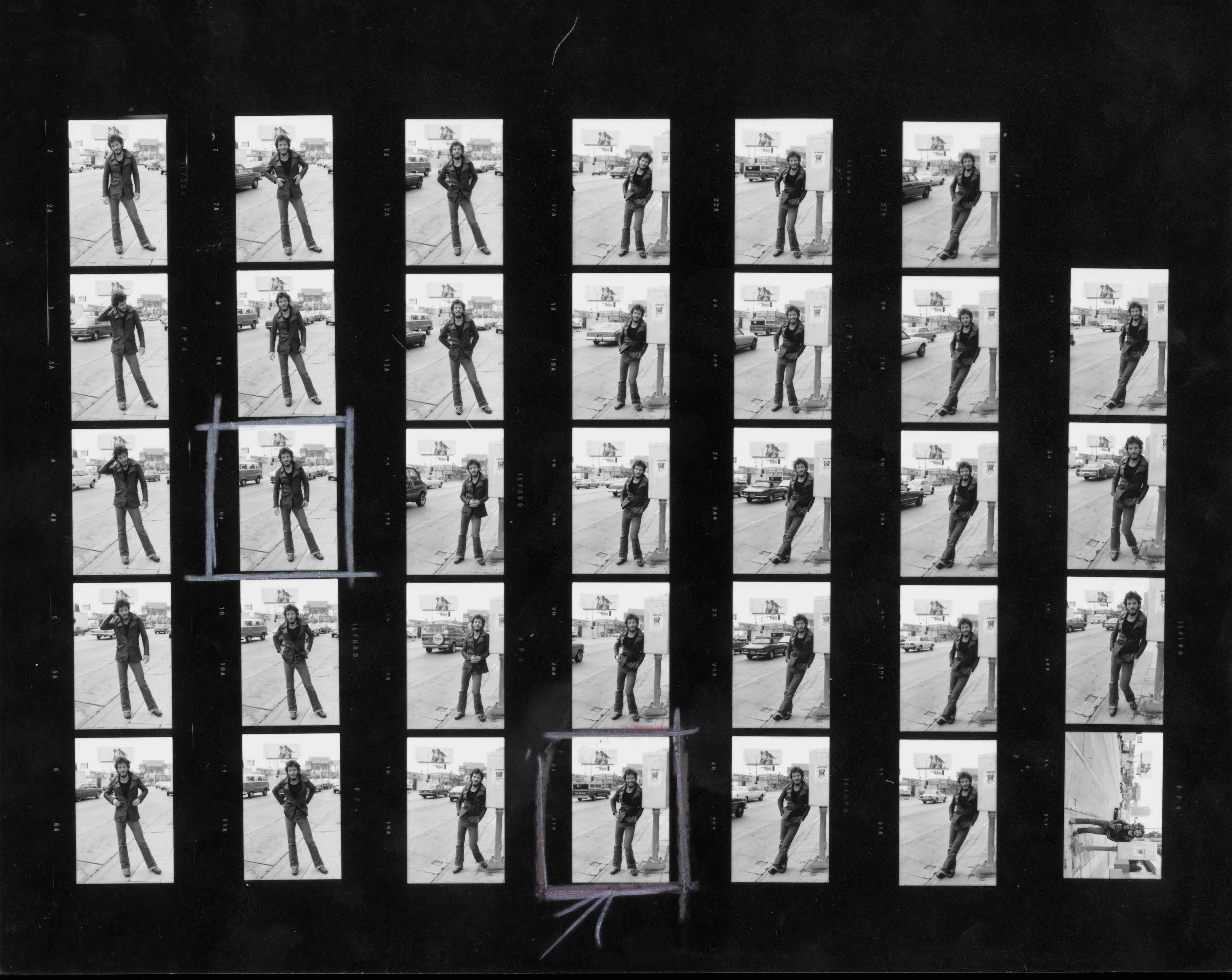 A contact sheet depicting American singer-songwriter Bruce Springsteen on Sunset Strip, 1975. He is in Los Angeles to prom...