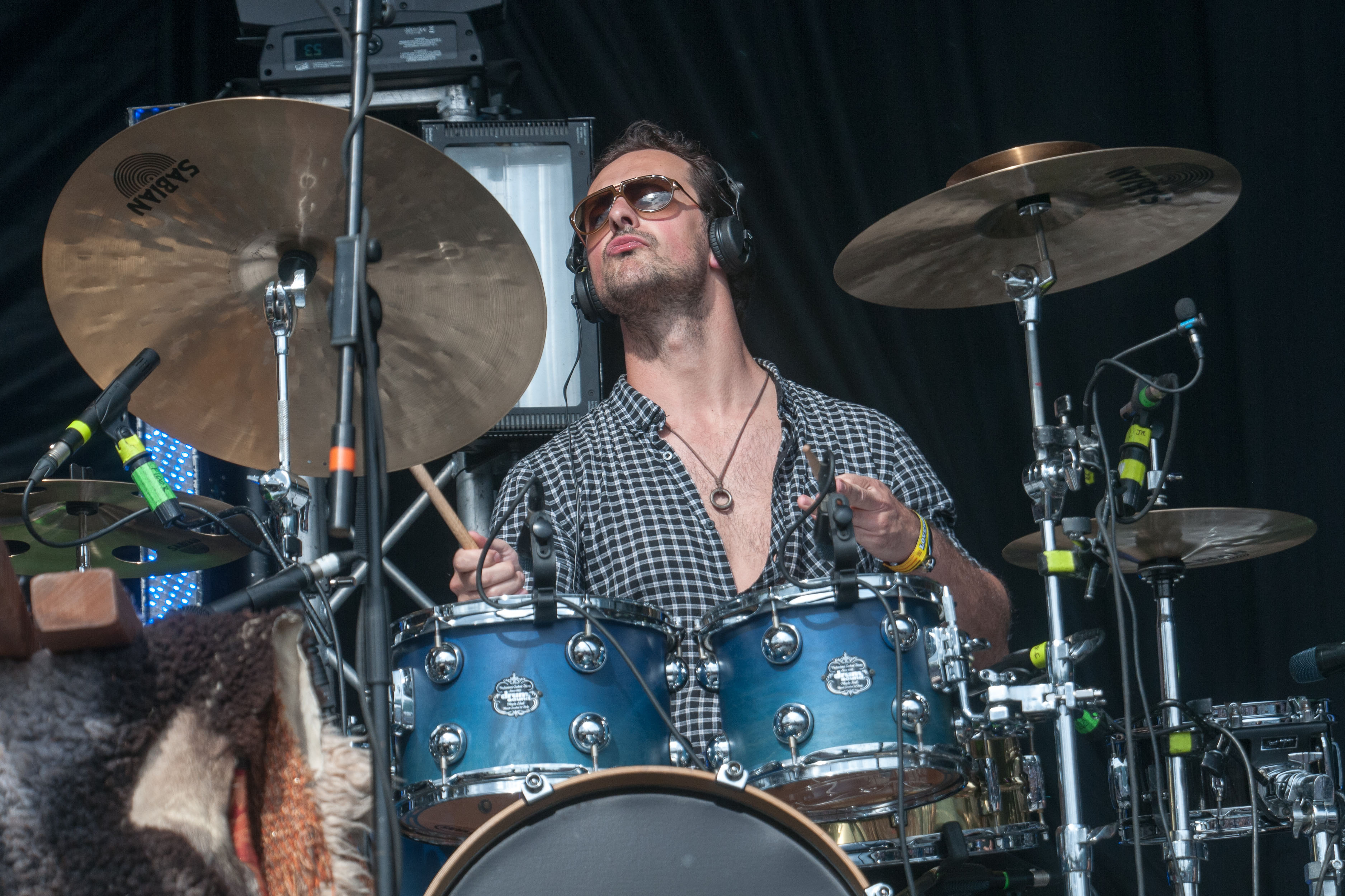 Crystal Fighters - drummer performing live on the main stage at LOVEBOX: A Decade of Love, Day 3, Victoria Park, London, U...