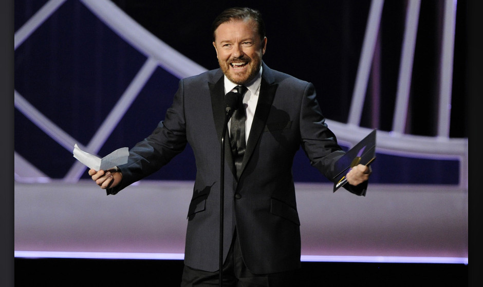 Ricky Gervais presents the award for outstanding writing for a variety, music or comedy special on stage at the 66th Annual P
