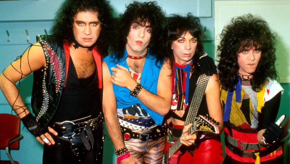 Kiss, group portrait, without make up, London, August 1983, L-R Gene Simmons, Paul Stanley, Vinnie Vincent, Eric Carr. (Photo