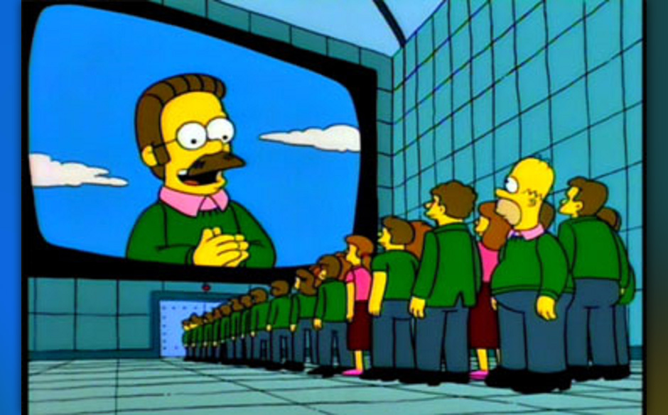 Homer springt durch die Zeit und denkt sich, noch bevor er miterleben muss, dass Ned Flanders seinen George Orwell gelesen...