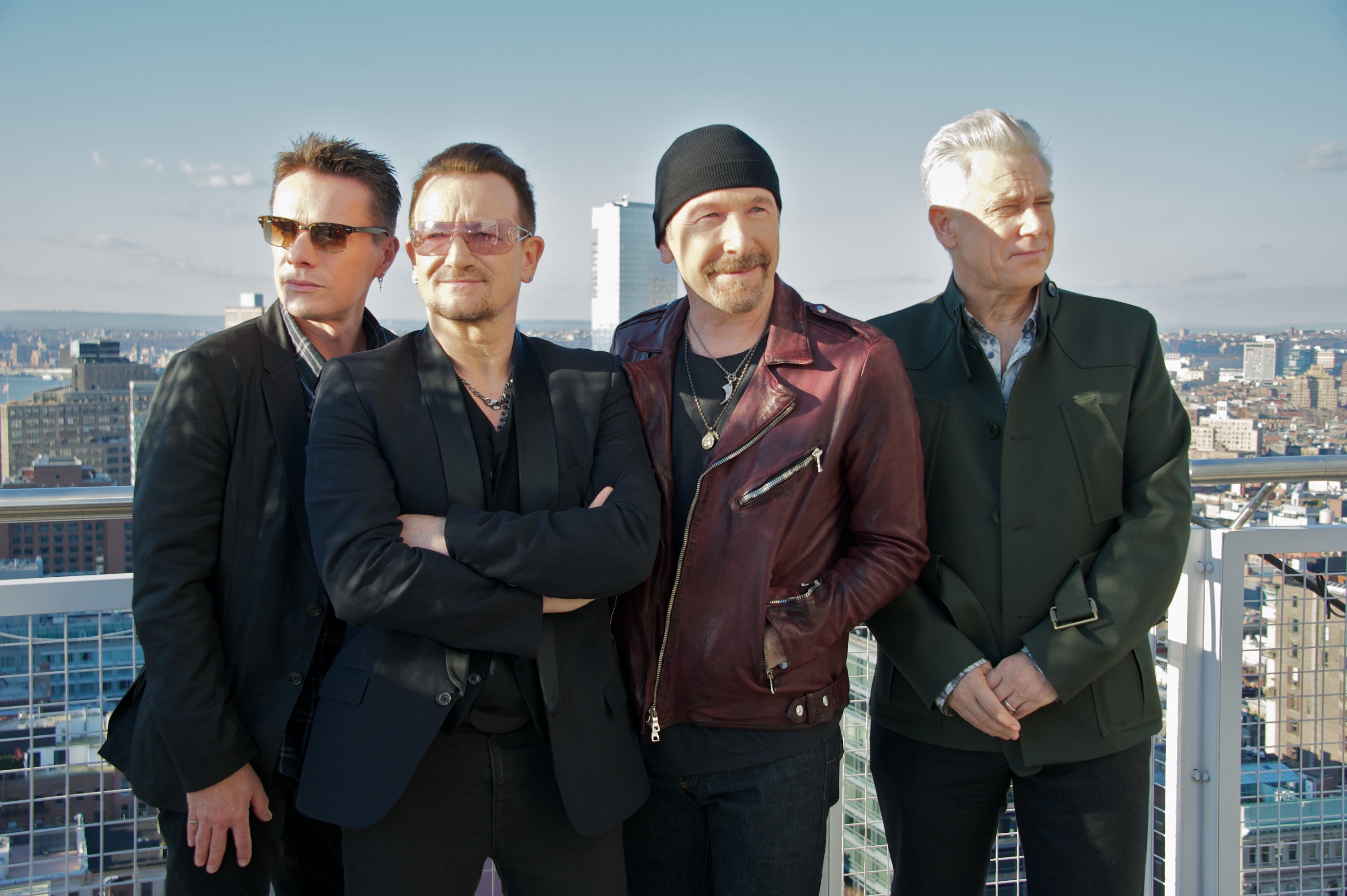 NEW YORK, NY - DECEMBER 07:  Larry Mullen, Jr., Bono, The Edge and Adam Clayton at the U2 Press Conference at the Mondrian...