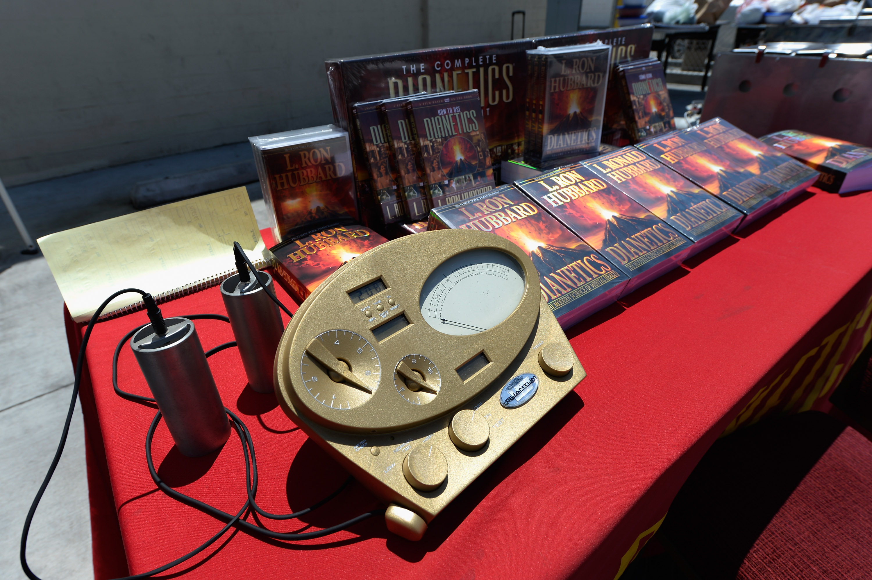 LOS ANGELES, CA - JUNE 05:  The Scientology E-Meter and cans are show along with books by L. Ron Hubbard, founder of Chruc...