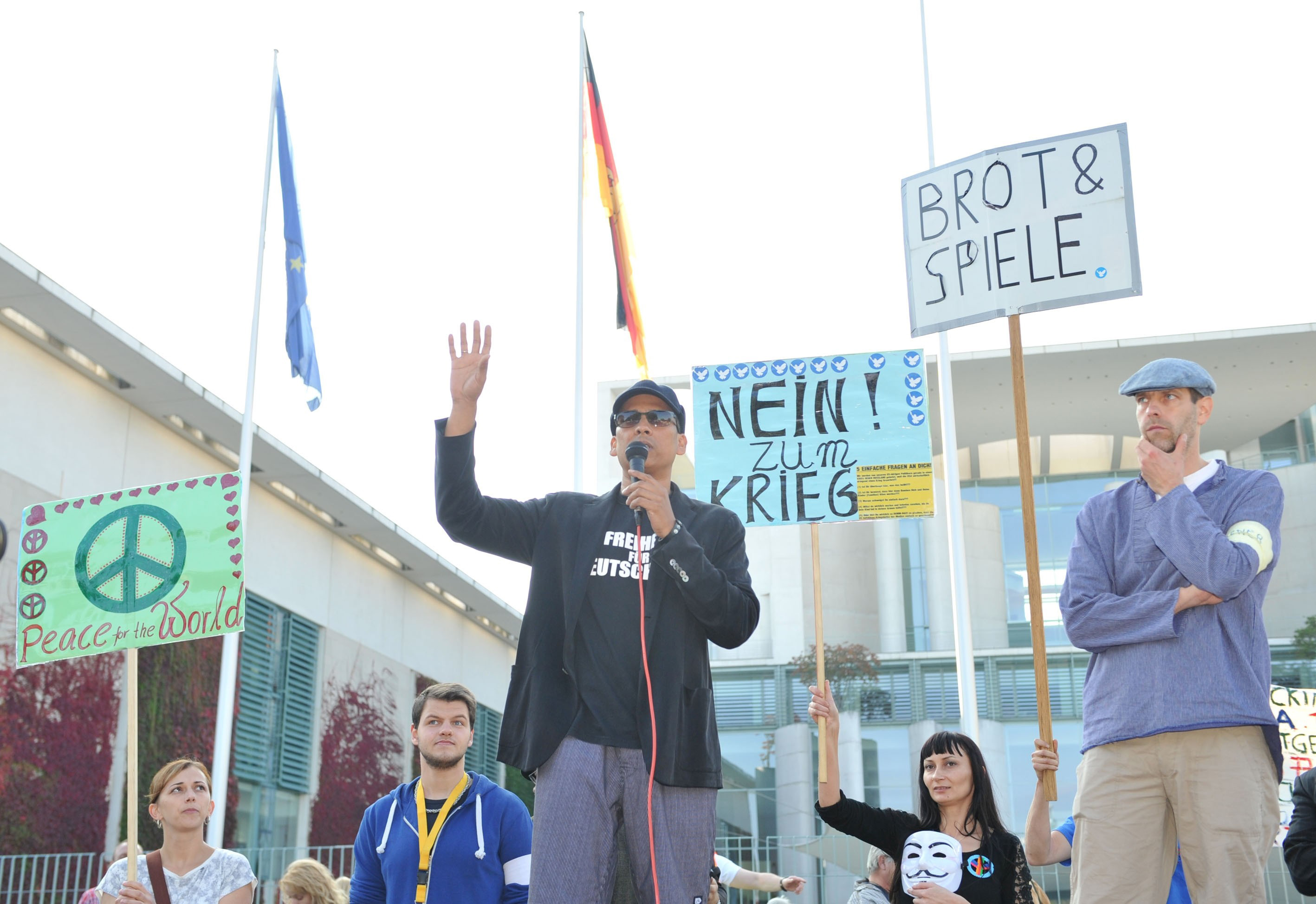 BERLIN, GERMANY - OCTOBER 3:  German Singer Xavier Naidoo speaks when a group of Germans gather outside the prime ministry...