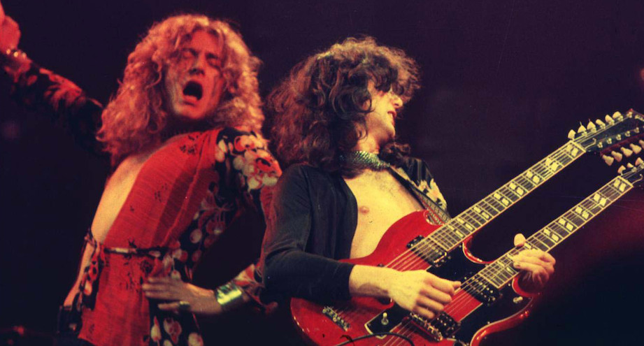 Robert Plant and Jimmy Page of Led Zeppelin at the Chicago Stadium in Chicago, Illinois (Photo by Laurance Ratner/WireImage)