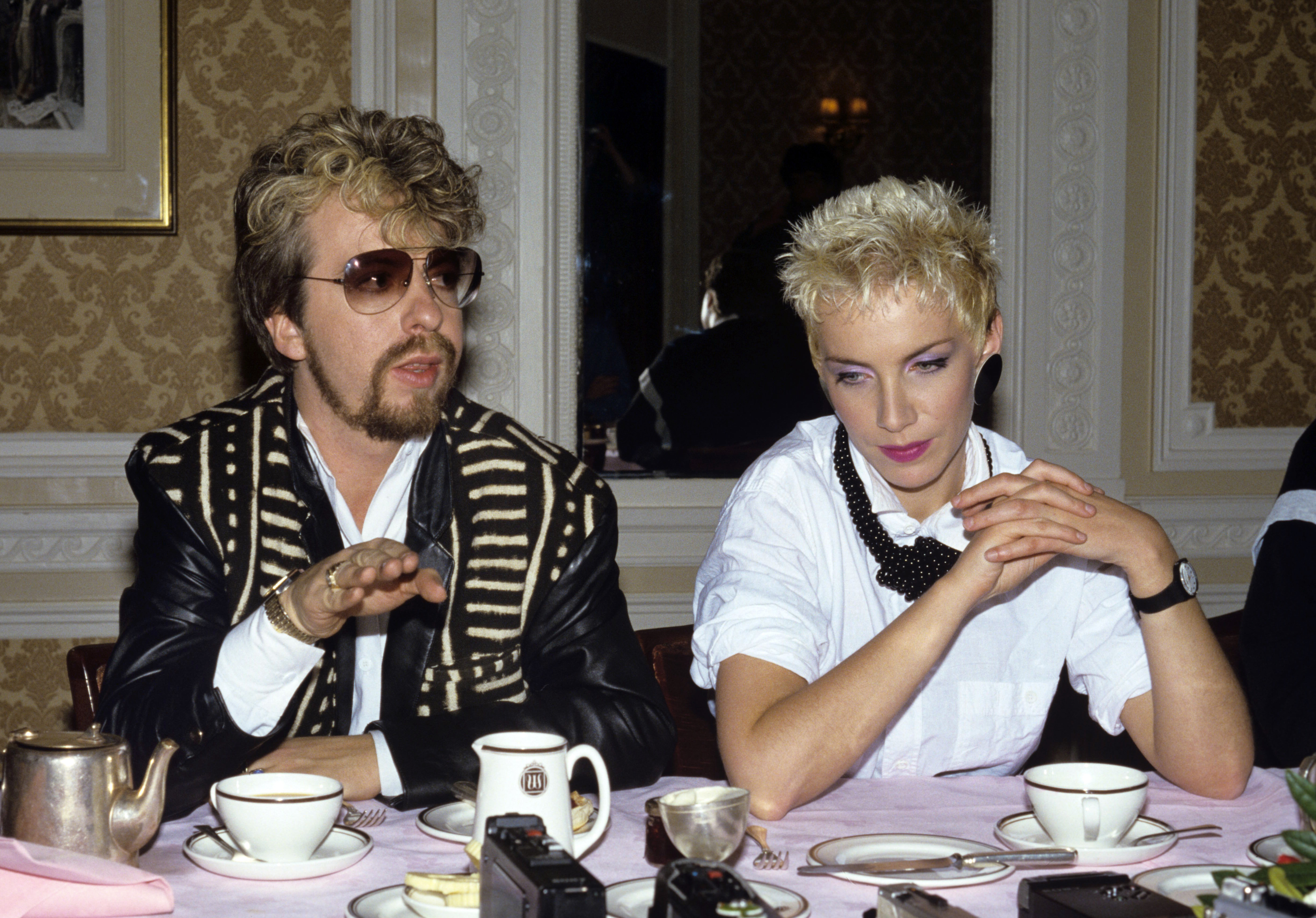 Annie Lennox und Dave Stewart (Eurythmics) geben ein Interview in London.