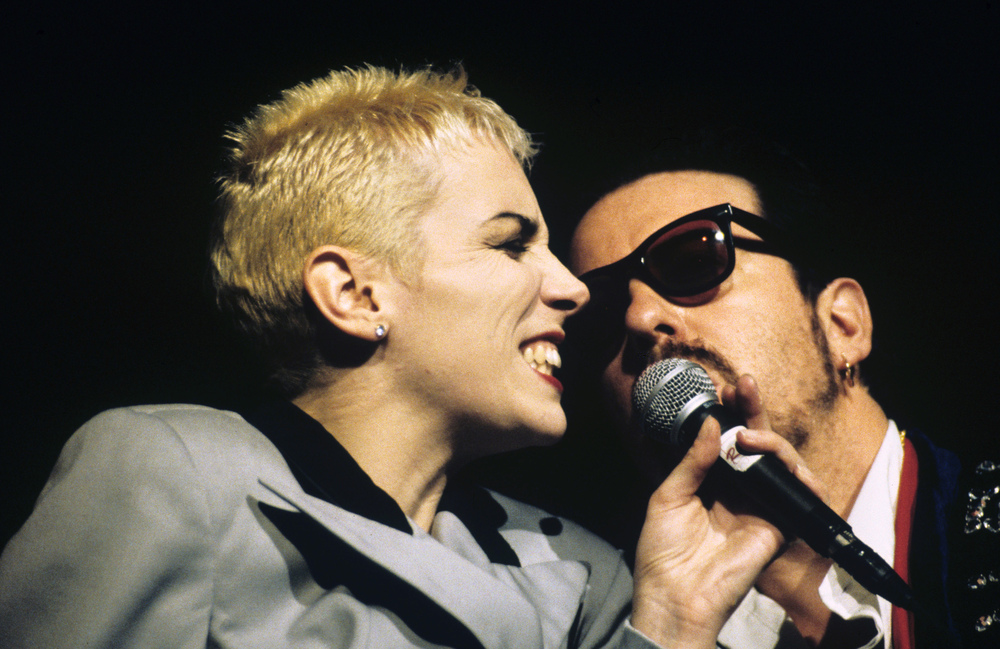 Gemeinsam stark: Das britische Pop-Duo Eurythmics, Annie Lennox und Dave Stewart, bei einem Auftritt in London.