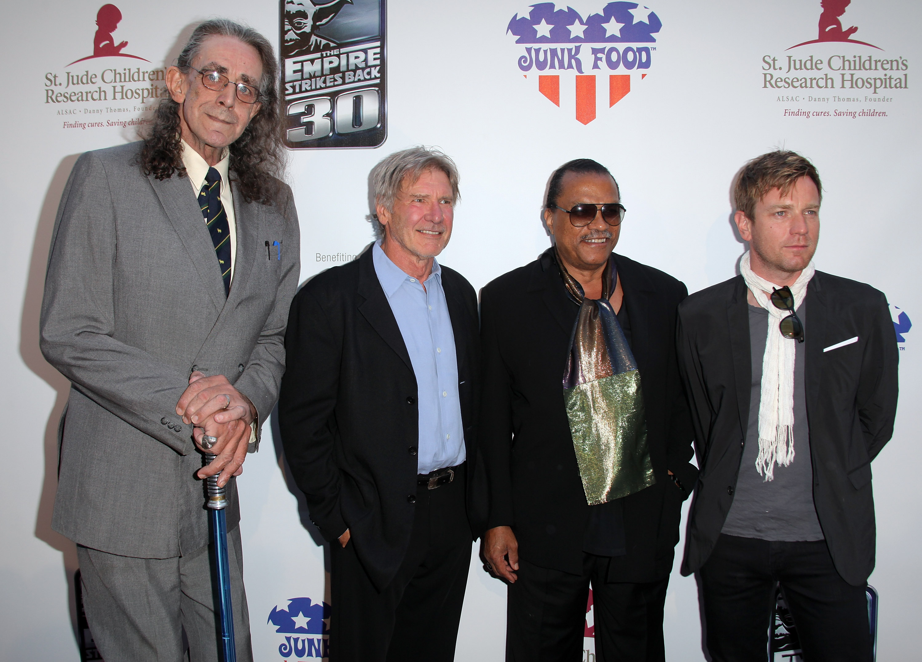 LOS ANGELES, CA - MAY 19:  Actors Peter Mayhew, Harrison Ford, Billy Dee Williams and Ewan McGregor arrive to St. Jude's 3...