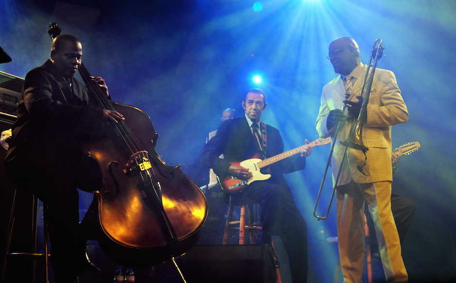 Musicians of the Cuban band Buena Vista Social Club perform on stage on July 26, 2009 during the Cornouaille festival in Q...