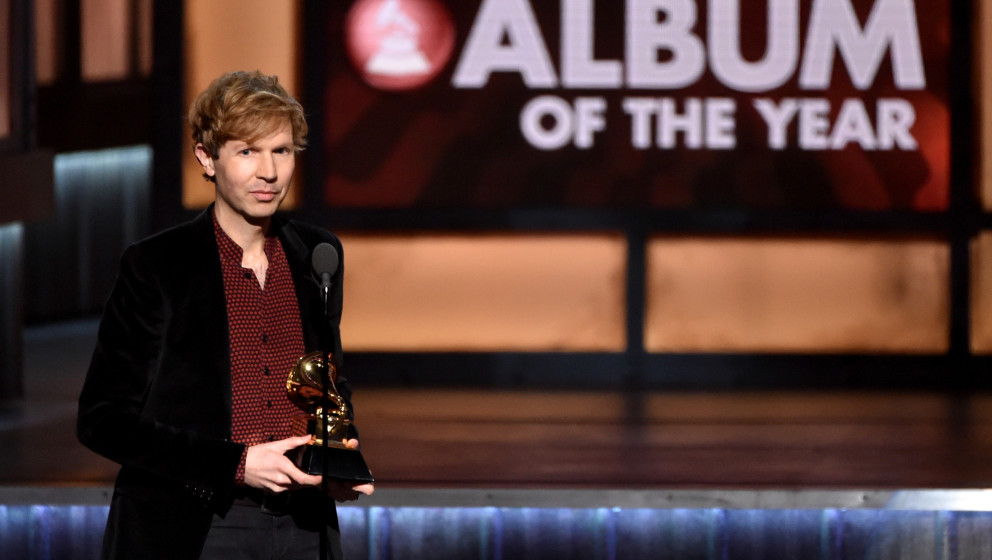 LOS ANGELES, CA - FEBRUARY 08:  Recording artist Beck speaks onstage during The 57th Annual GRAMMY Awards at the STAPLES Cent