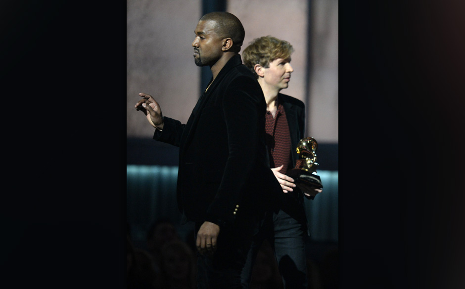 Winner for Album Of The Year Beck reacts as Kanye West appears on stage at the 57th Annual Grammy Awards in Los Angeles Fe...