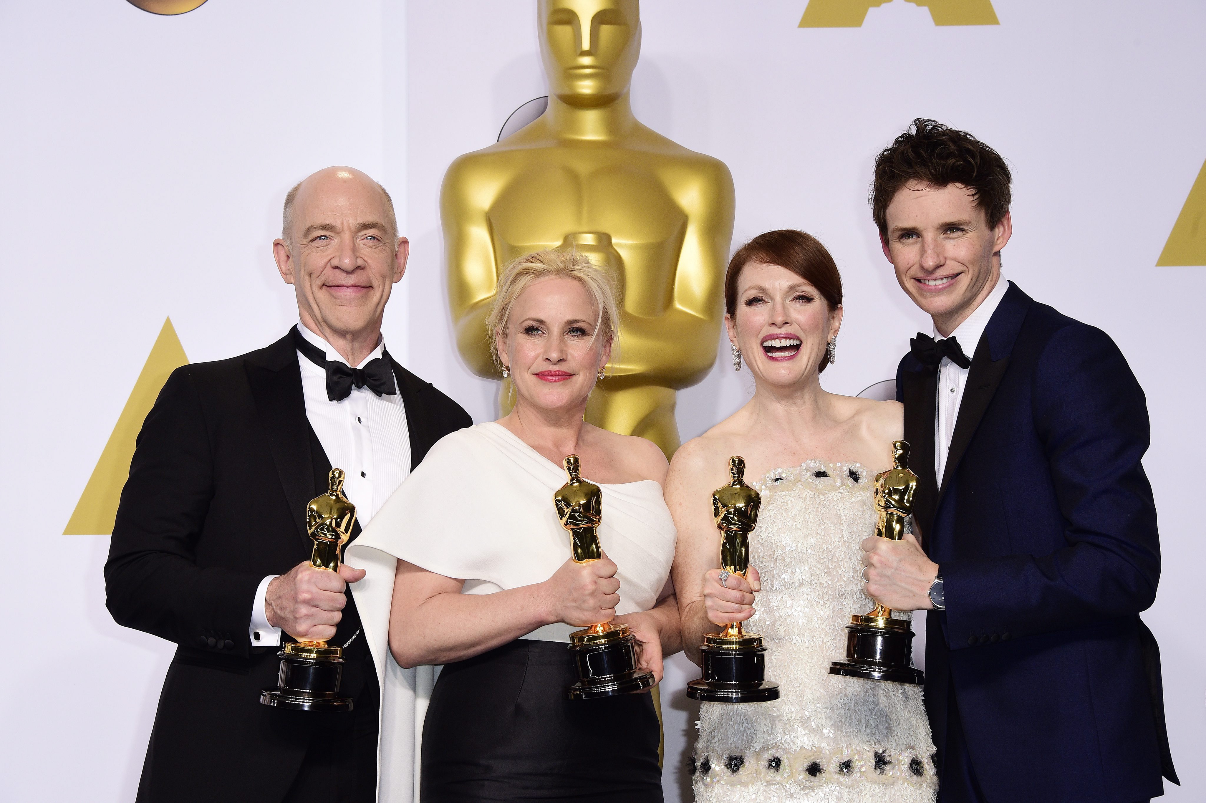 (L-R) J.K. Simmons (Actor in a Supporting Role), Patricia Arquette (Actress in a Supporting Role), Julianna Moore (Actress...