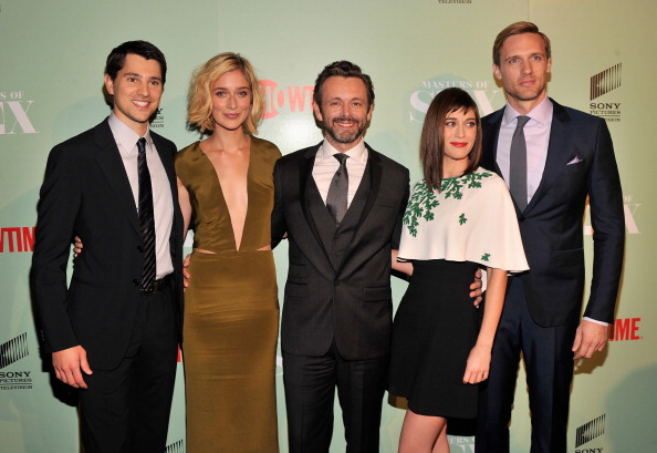 NEW YORK, NY - SEPTEMBER 26:  (L-R)  Actors Nicholas D'Agosto, Caitlin Fitzgerald, Michael Sheen, Lizzy Caplan, and Teddy ...