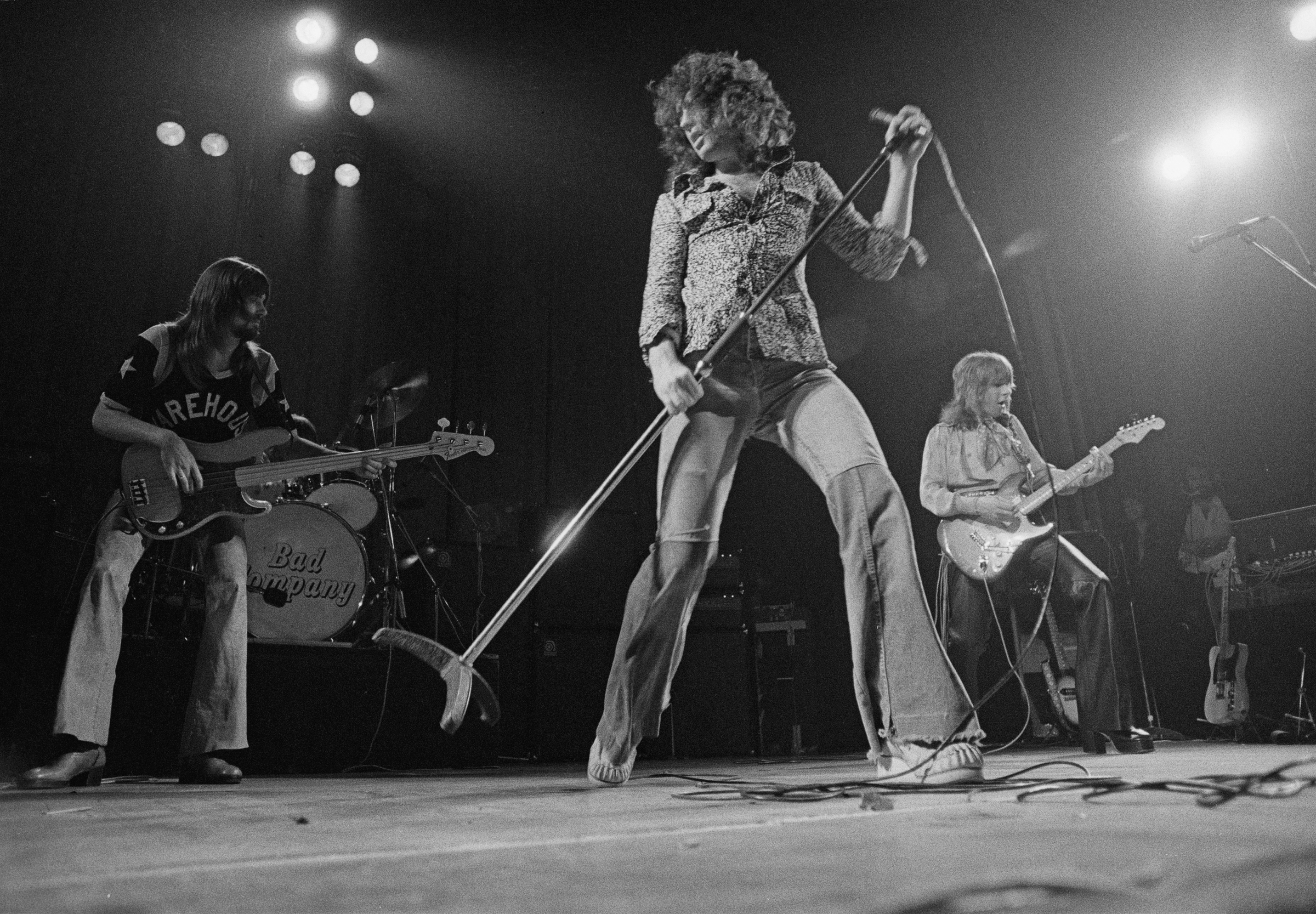 English rock group Bad Company peforming on stage, 8th April 1974. Left to right: Boz Burrell (1946 - 2006), Paul Rodgers ...
