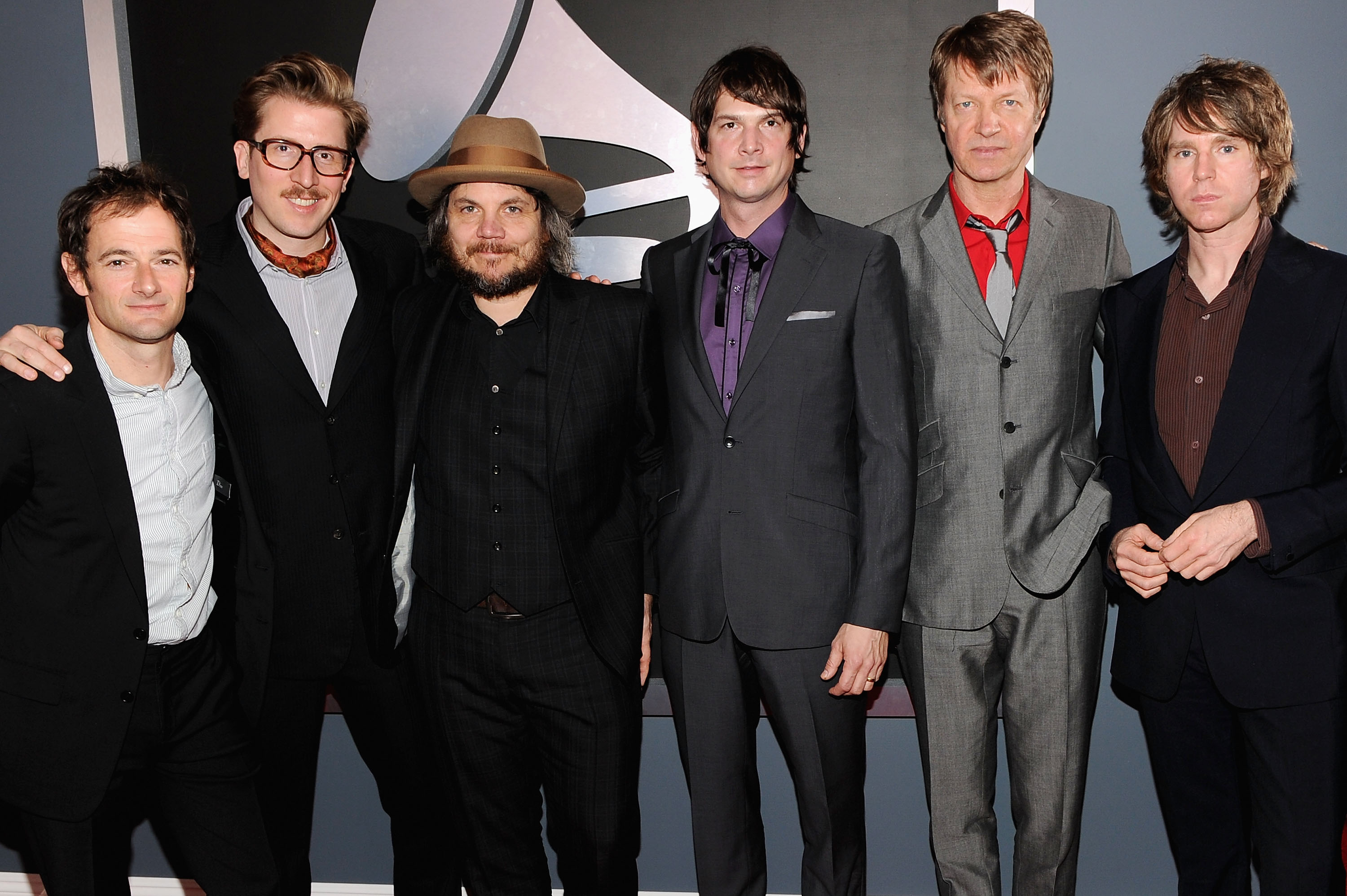 LOS ANGELES, CA - FEBRUARY 12:  (L-R) Musicians John Stirratt, Mikael Jorgensen, Jeff Tweedy, Glenn Kotche, Nels Cline, an...