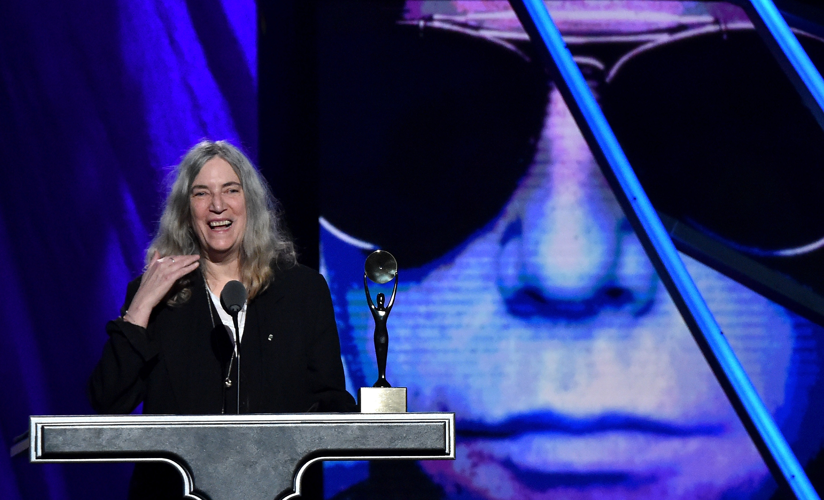 CLEVELAND, OH - APRIL 18:  Patti Smith inducts Lou Reed onstage during the 30th Annual Rock And Roll Hall Of Fame Inductio...