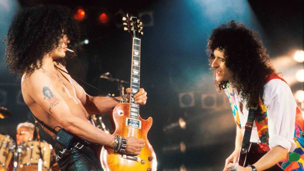Roger Taylor and Brian May of Queen perform on stage with Slash of Guns'n'Roses at the Freddie Mercury Tribute Concert, Wembl