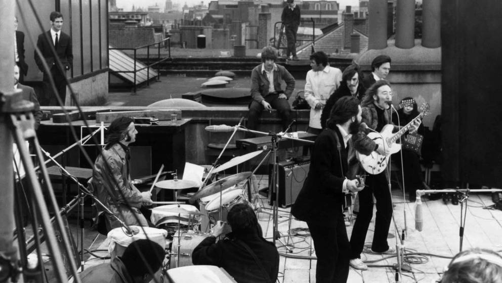 30th January 1969:  British rock group the Beatles performing their last live public concert on the rooftop of the Apple Orga