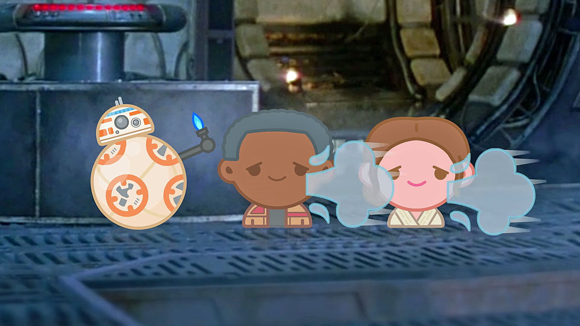 BB-8, Finn und Rey als Emojis im Millennium Falken.