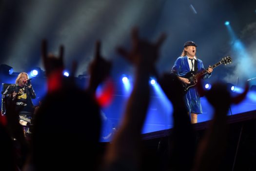Australian rock band AC/DC's guitarist Angus Young (R) and US singer Axl Rose (L) perform on stage in Marseille, southern France, on May 13, 2016. / AFP / BORIS HORVAT (Photo credit should read BORIS HORVAT/AFP/Getty Images)