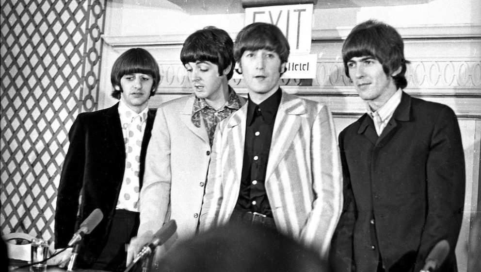 NEW YORK - AUGUST 23: Rock and roll band 'The Beatles' answer questions regarding their Shea Stadium concert at a press confe