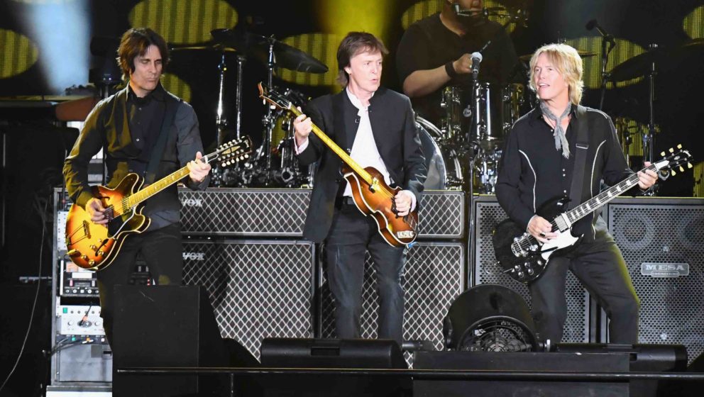 INDIO, CA - OCTOBER 08:  (L-R) Guitarist Rusty Anderson, Sir Paul McCartney and Brian Ray perform onstage during Desert Trip 