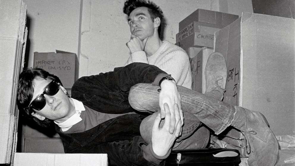 LONDON - 1st JANUARY: Johnny Marr (left) and Morrissey from The Smiths pose together in the store room of Rough Trade records