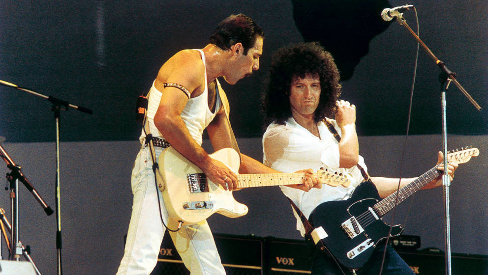 Freddie Mercury und Brian May beim „Live Aid“-Auftritt von Queen im Jahr 1985