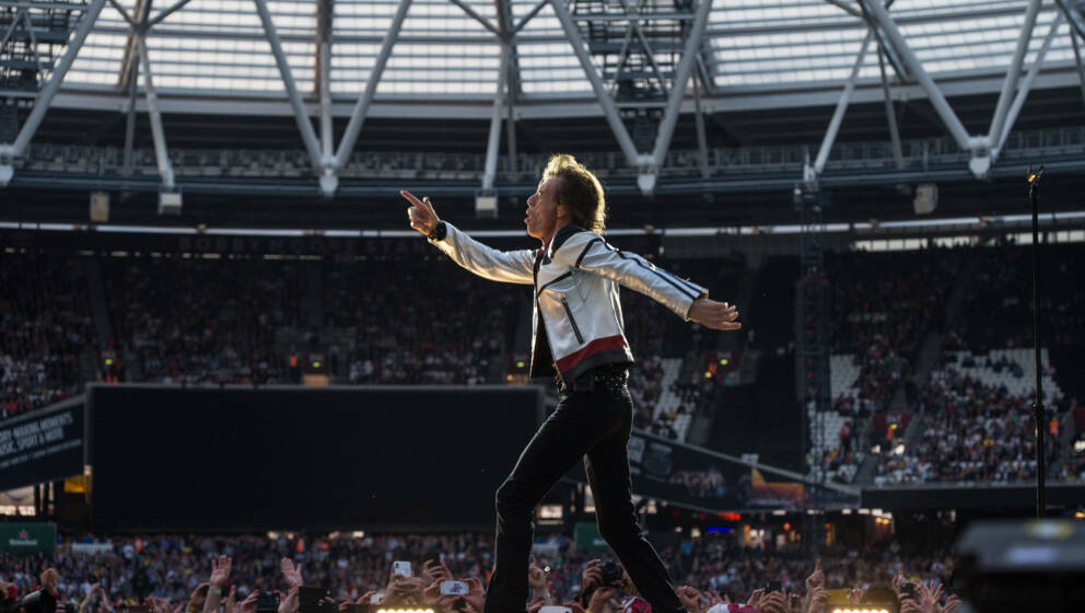 LONDON, ENGLAND - MAY 22: Mick Jagger of The Rolling Stones performs live on stage at London Stadium on May 22, 2018 in Londo