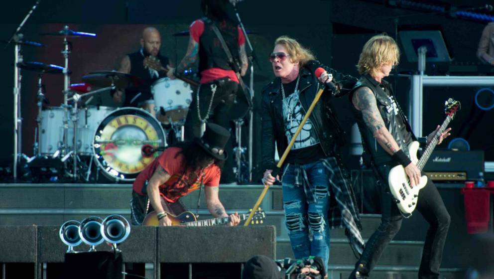 DONINGTON, ENGLAND - JUNE 09: Frank Ferrer; Slash; Axl Rose and Duff McKagan of Guns N Roses perform onstage on Day 2 of the 