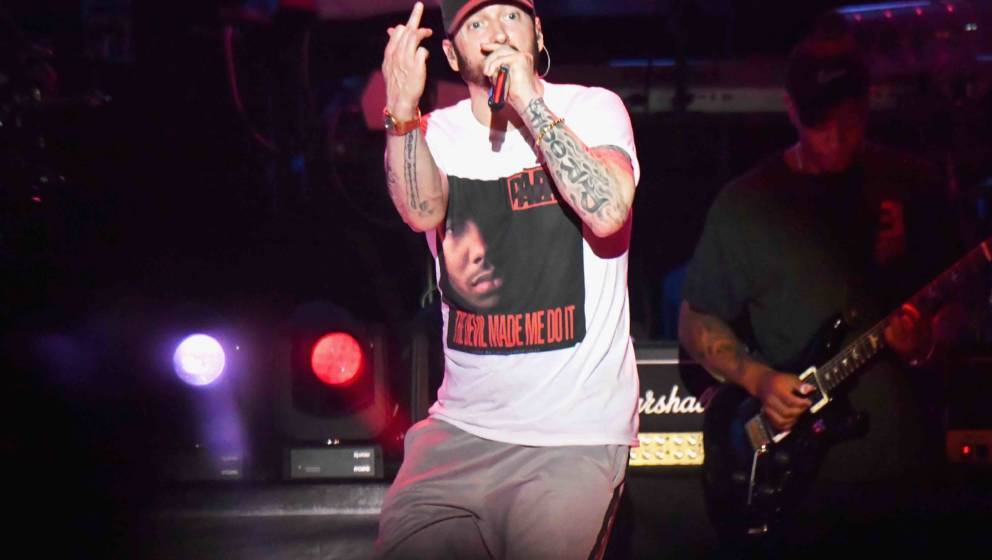 MANCHESTER, TN - JUNE 09:  (EDITORS NOTE: Image contains profanity.) Eminem performs on What Stage during day 3 of the 2018 B