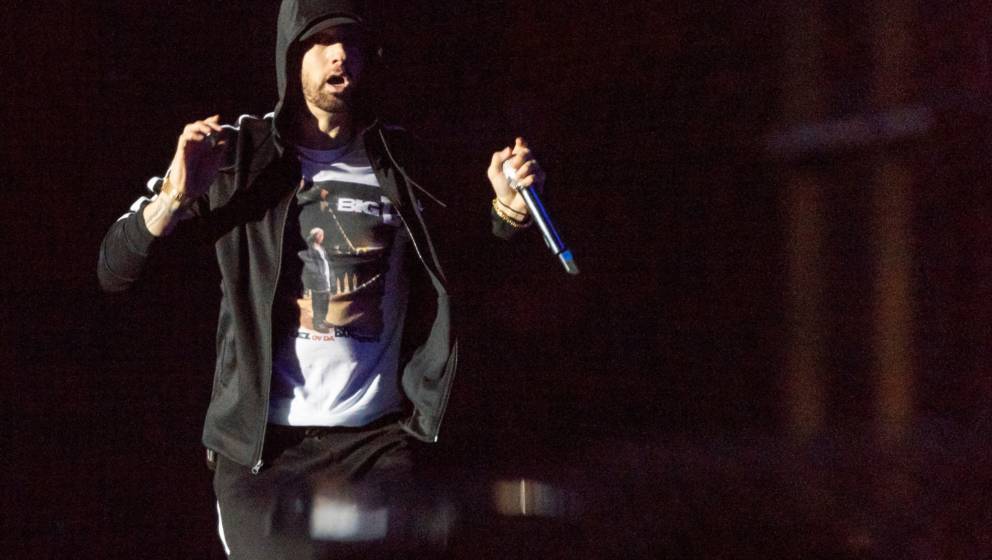 US singer Eminem performs at the Orange Stage during Roskilde Festival 2018, in Roskilde, Denmark, on July 4, 2018. (Photo by