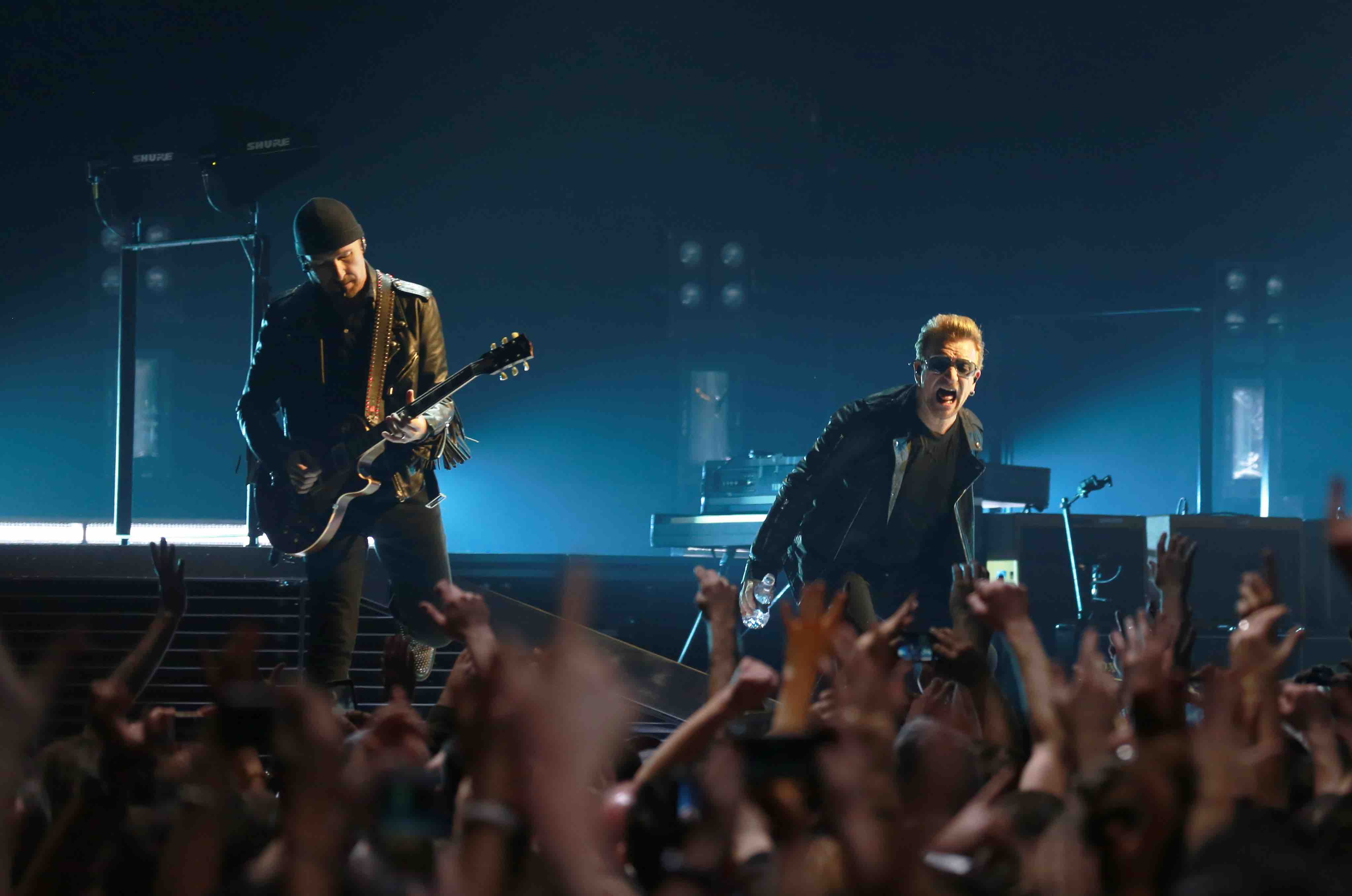 DUBLIN, IRELAND - NOVEMBER 23:  Musicians The Edge and Bono of U2 perform onstage at 3 Arena on November 23, 2015 in Dubli...