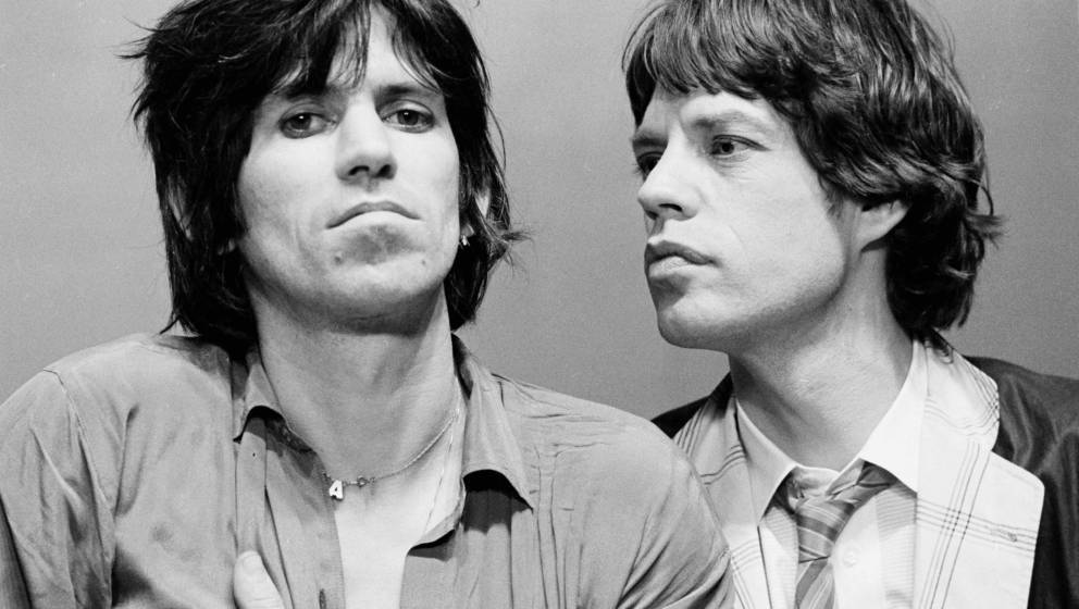 Guitarist Keith Richards (left) and singer Mick Jagger, of the Rolling Stones, on the set of a video shoot in New York, May 1